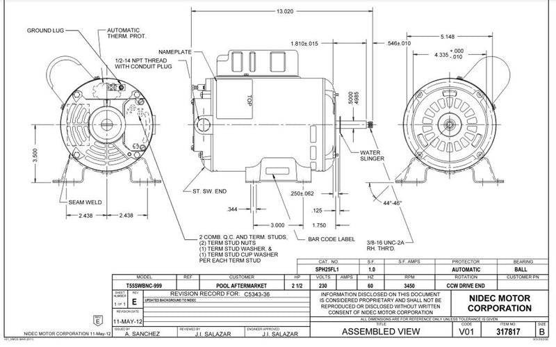 US-Nidec SPH25FL1 Pool and Spa Electric Motor