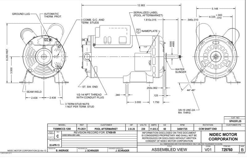 US-Nidec SPH25FL2S Pool and Spa Electric Motor