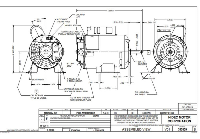 US-Nidec SPL15FL2S Pool and Spa Electric Motor